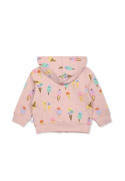 Pullover rosa con una texture morbida, caratterizzato da vivaci motivi di gelati e coni. Include un cappuccio e polsini e orlo a coste.