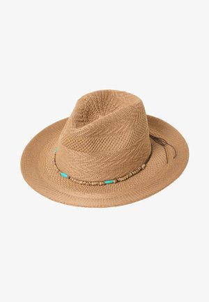 Light brown woven fedora hat with a wide brim and decorative beaded band featuring small turquoise and wooden beads.