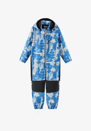 Niebiesko-biała ocieplana kombinezon z kapturem, wyposażony w przedni zamek błyskawiczny, elastyczne mankiety oraz czarne akcenty na dolnych partiach.