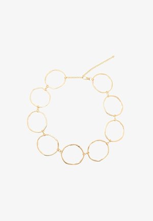 Colier din lanț aurit cu nouă zale mari, circulare și neregulate, deschise, prevăzut cu o închizătoare reglabilă.