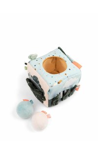 Soft fabric activity cube in pastel colors with textures, patterns, and sensory elements. Includes two plush balls in blue and pink.