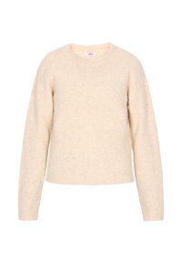 Cremfarbener Pullover mit rundem Ausschnitt, langen Ärmeln und einem weichen, strukturierten Stoff. Enthält dezente Pailetten für zusätzliche Details.