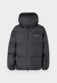 Μαύρο γυναικείο χειμωνιάτικο μπουφάν με γέμιση, ψηλό επενδυμένο γιακά, μπροστινό φερμουάρ, ελαστικές μανσέτες και μικρή τσέπη με φερμουάρ στο αριστερό μανίκι.