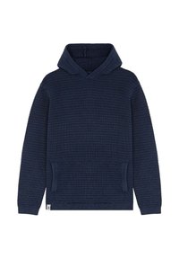 Granatowy hoodie z teksturowanym, prążkowanym wzorem. Posiada przednią kieszeń, długie rękawy oraz unikalny projekt kaptura składania.