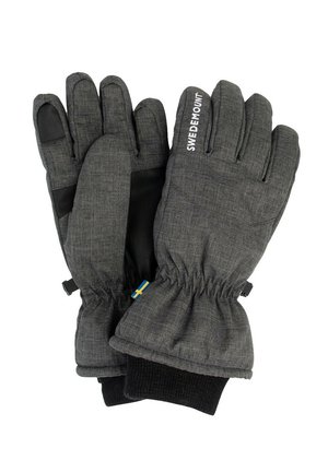 Gray insulated gloves with a textured fabric, elasticized wrists, and black palms. Features "SWEDEMOUNT" branding and a blue-yellow tag.