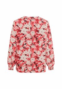 Langarmbluse aus leichtem Stoff, mit einem rosa-weißen Blumendruck und schwarzen Akzenten. Runde Ausschnitt und elastische Bündchen.