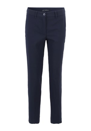 Pantalons ajustés bleu marine en tissu lisse, dotés d'une fermeture à bouton et de passants de ceinture. Poches avant et design épuré.