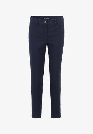 Pantalons ajustés bleu marine en tissu lisse, dotés d'une fermeture à bouton et de passants de ceinture. Poches avant et design épuré.