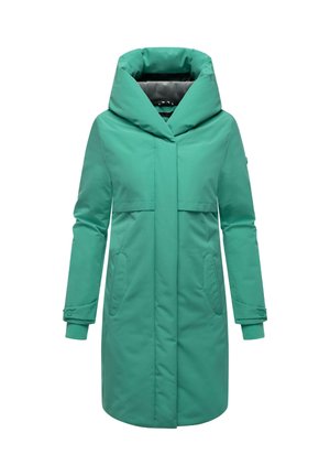 Zelena vodoodporna jakna z velikim kapuco, zadrgo, stranskimi žepi in poudarki na manšetah. Gladka tekstura, dolžina do kolen.