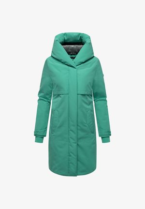 Zelena vodoodporna jakna z velikim kapuco, zadrgo, stranskimi žepi in poudarki na manšetah. Gladka tekstura, dolžina do kolen.