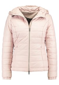 Giacca puffer rosa chiaro con zip frontale, cappuccio regolabile, polsini a coste e dettagli di cucitura verticale per l'isolamento.