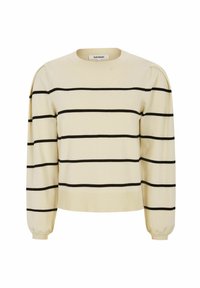 Maglione beige lavorato a maglia con strisce orizzontali nere, scollatura rotonda e maniche lunghe con polsini elasticizzati. Texture liscia.