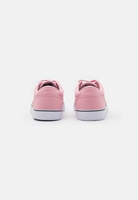 Ett par rosa canvas sneakers med vita sulor, fotograferade bakifrån mot en helt vit bakgrund.