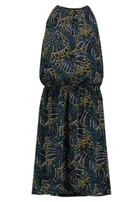 Robe maxi à motifs floraux avec une base noire, ornée de feuilles tropicales vertes et d'accents géométriques jaunes. Taille élastique pour un ajustement décontracté.