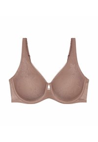 Beha in een zachte taupekleur met een bloemenpatroon, een gladde textuur, beugelondersteuning en kanten details langs de bandjes en halslijn.