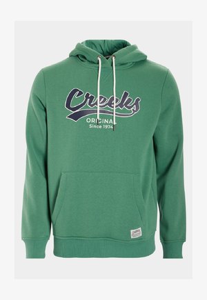 Groene hoodie van zachte stof met een voorkantzak, trekkoord capuchon en de graphic "Creeks Original Since 1974" in marineblauw.
