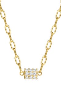 Collana con catena d'oro caratterizzata da anelli allungati e un cluster di gemme quadrate con cristalli trasparenti disposti in un motivo a griglia al centro.