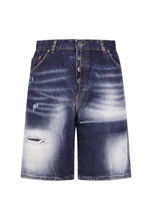 Shorts en denim bleu foncé avec détails effilochés, zones délavées, fermeture à bouton sur le devant et poches latérales.