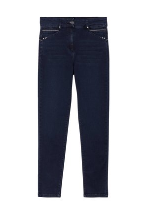 Jeans skinny blu scuro con chiusura a bottone, tasche frontali e dettagli in perline decorative sulla tasca sinistra. Tessuto in denim elastico.