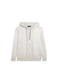 Sudadera con capucha de color gris claro que presenta un diseño de punto trenzado en la parte delantera, puños y dobladillo acanalados, y cordones en el cuello. Hecha de tela suave.