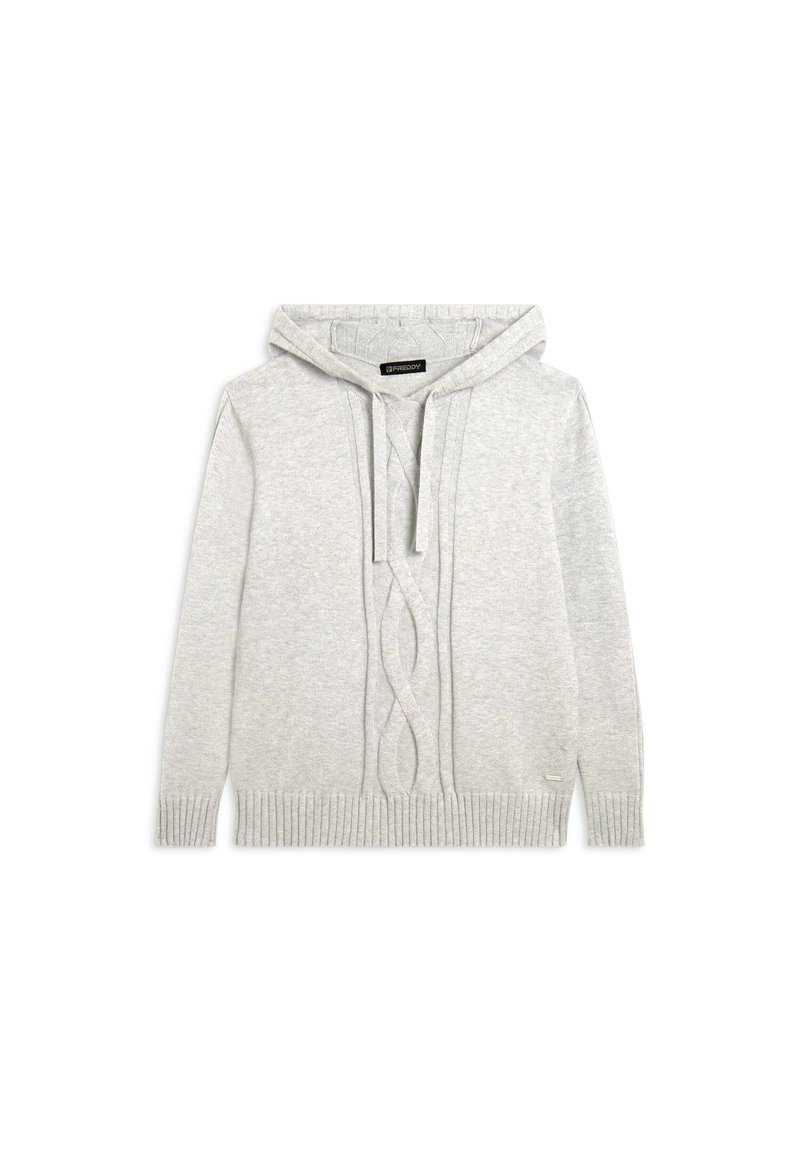 Sudadera con capucha de color gris claro que presenta un diseño de punto trenzado en la parte delantera, puños y dobladillo acanalados, y cordones en el cuello. Hecha de tela suave.