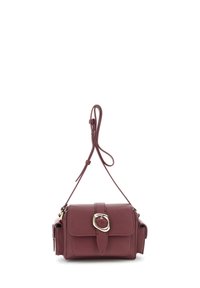 Borsa a tracolla compatta in pelle bordeaux con accentuazione in oro, dotata di una tracolla removibile, design elegante e dettagli cuciti.