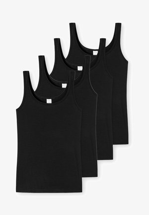 Schwarze Trägershirts aus geripptem Stoff. Mit breiten Trägern und runden Ausschnitten. Set aus vier Stück.