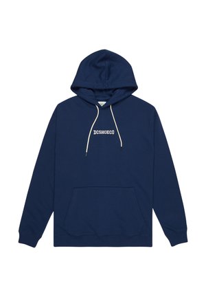 Navyblauer Kapuzenpullover aus Baumwolle mit einer Fronttasche, gerippten Bündchen und einem weißen Logo auf der Brust.