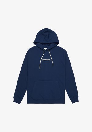 Navyblauer Kapuzenpullover aus Baumwolle mit einer Fronttasche, gerippten Bündchen und einem weißen Logo auf der Brust.