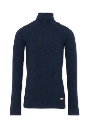 Maglione a collo alto blu navy a maniche lunghe con una piccola targhetta in metallo con il logo vicino all'orlo inferiore sul lato destro davanti.