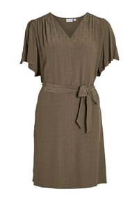 Robe vert olive avec un décolleté en V, de courtes manches évasées et une ceinture nouée à la taille. Le tissu a un motif texturé subtil.