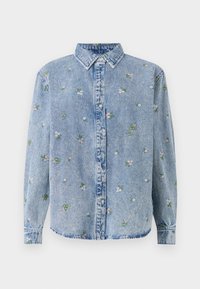 Ανοιχτό μπλε τζάκετ από τζιν με κολάρο που κουμπώνει, που διαθέτει διάσπαρτη floral κεντητική σε πράσινο και ροζ χρώμα. Κλασική γραμμή, μακριά μανίκια.