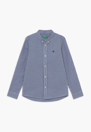 Camicia a maniche lunghe con bottoni, a quadri blu e bianchi, con colletto abbottonato e piccolo logo ricamato sul petto.