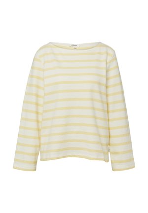 Long-sleeve shirt with white and pale yellow horizontal stripes, crew neckline, and regular fit.