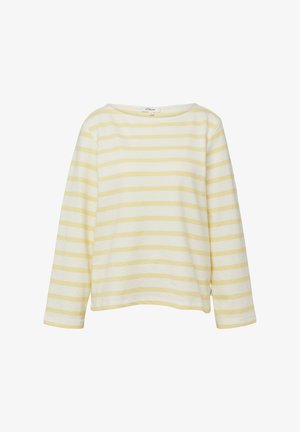 Long-sleeve shirt with white and pale yellow horizontal stripes, crew neckline, and regular fit.