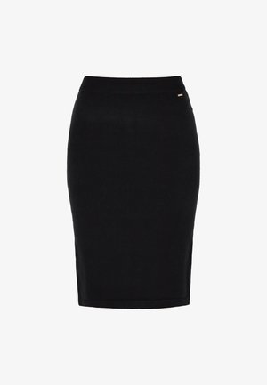 Gonna a matita nera in maglia con silhouette aderente, fascia in vita a coste e un sottile apparato in oro sul lato. Texture liscia.