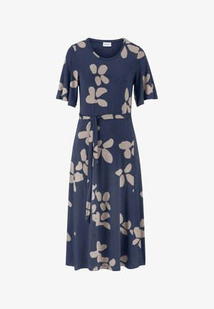 Robe midi bleu marine avec motifs floraux abstraits beiges, manches courtes, encolure ronde et ceinture assortie en tissu à la taille.