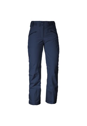 Marineblaue isolierte Hosen aus wasserabweisendem Material, mit seitlichen Taschen, verstellbarem Bund und verstärkten Knieflecken.