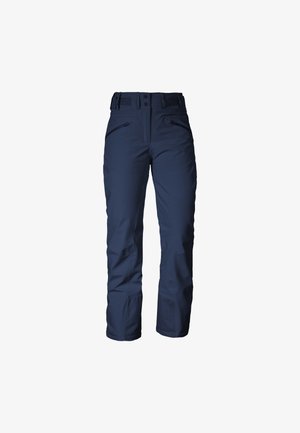 Navy insulated pants with a water-resistant fabric, featuring side pockets, adjustable waistband, and reinforced knee sections.