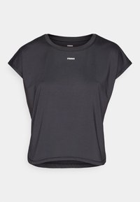 Black short-sleeve top made of smooth fabric, featuring a rounded neckline and the word "STRONGER" printed in white on the chest.
