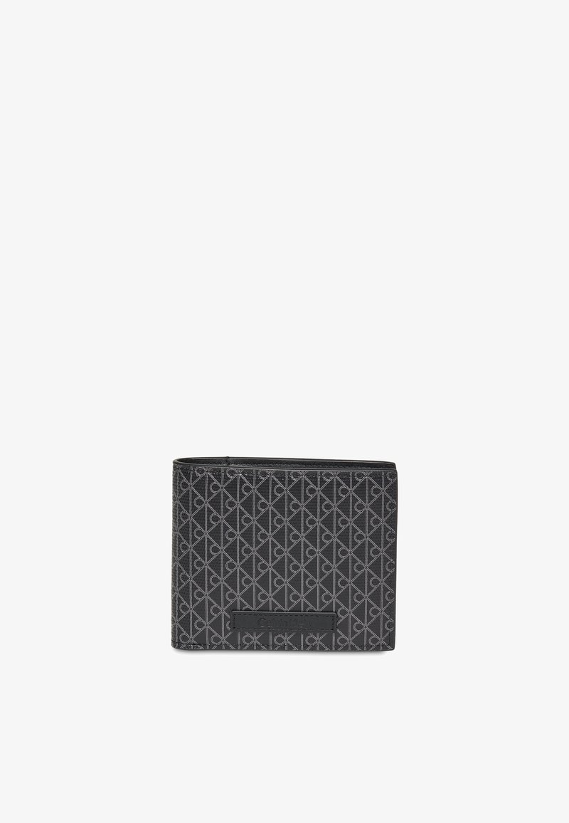Portefeuille noir Calvin Klein avec motif répétitif du logo CK et nom de marque embossé à l'avant.