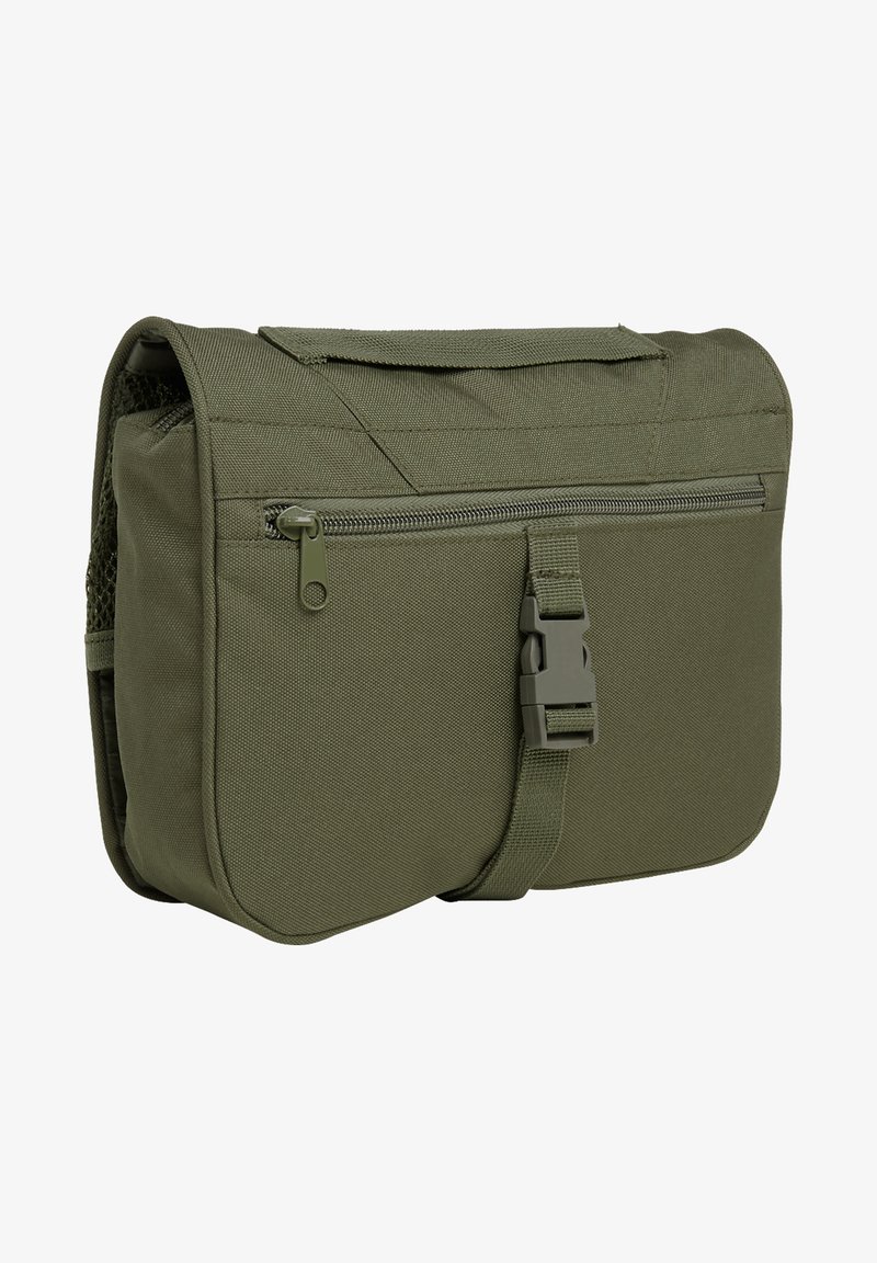 Zielona torba listonoszka z klapą, zamkniętą na zamek kieszenią z przodu, regulowanym paskiem i solidnym klamrą. Strukturalny materiał poliestrowy.