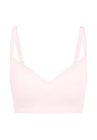 Bralette rose clair avec un col en V, tissu doux, bretelles réglables et finition sans coutures pour plus de confort et de soutien.