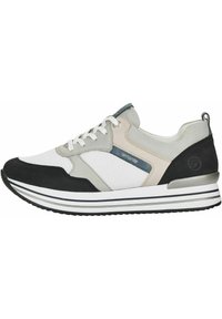 Shoe med ovandel av vitt mesh, gråa och svarta mockadetaljer, och en vit gummisula med svarta ränder. Blå logotypdetalj på sidan.