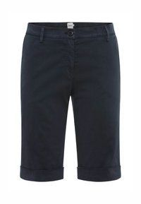 Marineblaue Baumwollshorts mit glatter Textur, ausgestattet mit einem Knopfverschluss und umgeschlagenen Säumen für einen lässigen Look.