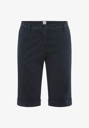 Shorts in cotone blu navy con una texture liscia, dotati di chiusura con bottone e orli arrotolati per un look casual.