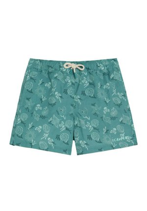 Bañador corto en color azul verdoso con estampados de conchas marinas, estrellas de mar, coral y calaveras, con una cintura elástica y cordón beige.