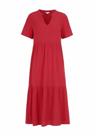 Rode midi-jurk met korte mouwen, V-hals, gestructureerde stof en gelaagde rok voor een vloeiende pasvorm.