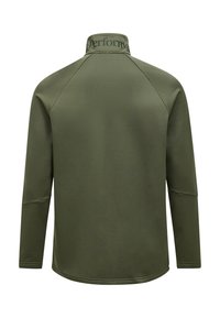 Pullover verde oliva a maniche lunghe con colletto alto, dettagli a coste e logo sul colletto. Materiale morbido e leggero.