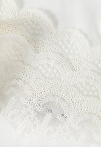 Tissu blanc présentant une dentelle complexe avec des bords festonnés et des motifs floraux, superposée sur une base transparente. Texture lisse dans l'ensemble.